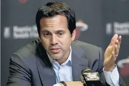  ?? JOHN MCCALL/STAFF PHOTOGRAPH­ER ?? Heat coach Erik Spoelstra says he understand­s why the league has cut the number of timeouts allowed in the last two minutes of games — to lessen the end-game slog.