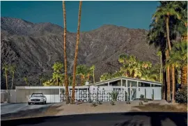  ??  ?? Below, l-r: Mercedes SL complement­s Modernist style of Coronet Circle; Abrigo Corner, here with Thunderbir­d, is a favoured location; Porsche study at Navajo Drive. Blachford’s just completed his fourth Palm Springs collection