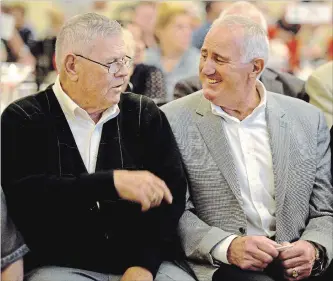  ?? CATHIE COWARD THE HAMILTON SPECTATOR ?? Former Tiger-Cats player and coach Don Sutherin, left, and former Alouettes player Peter Dalla Riva were inducted in the Hamilton Sports Hall of Fame on Wednesday.
