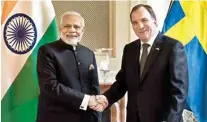  ??  ?? PM Narendra Modi shakes hands with his Swedish counterpar­t Stefan Lofven in Stockholm