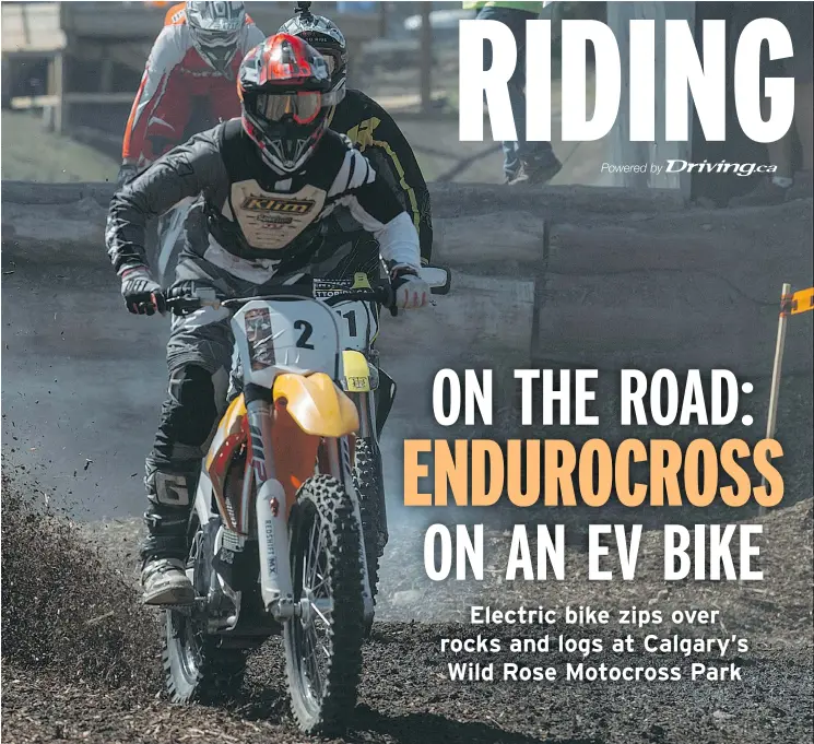  ?? PAUL SWANSON/DRIVING.CA ?? Profession­al rider Mike Aranda tackled Calgary’s Wild Rose Motocross Park aboard the Redshift MX, an electric off-road bike built by Alta Motors.