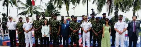  ?? ?? Mr. Juan Sell, the Spanish Ambassador to Nigeria flanked by the FOC WNC, Rear Admiral Mustapha Hassan (sixth left) with the Commanding Officer of SNS BAM FUROR as well as senior NN officials and their Spanish counterpar­ts and diplomats