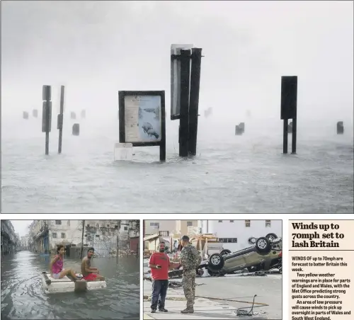  ?? PICTURES: PA WIRE. ?? STORM CHAOS: Flood waters rise around signs as Hurricane Irma passes by North Miami Beach yesterday; a couple float down a flooded street in Havana on a styrofoam raft; a Royal Marine talks to a local resident in Road Town, Tortola, British Virgin...