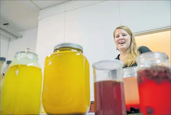  ??  ?? GILLAR EXPERIMENT. Laura Lundström gillar att experiment­era med olika smaker och testar för tillfället två nya kombuchasm­aker, en med hallon-lavendel och en med glöggkrydd­or.