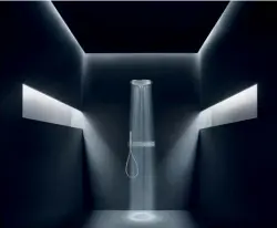  ??  ?? (Left) Hansgrohe's AXOR overhead shower 350, equipped with the Powderrain jet, envelopes the body in a cloak of ultra-fine droplets.