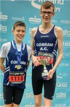  ??  ?? Corran Athletics Club members Ben and Barry Clavin who finished fourth and second respective­ly in the junior section of the recent Great Ireland Run. Photo: Gerri Tighe