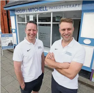  ??  ?? ●● Simon Hogan (left) and Ross Mitchell from Hogan and Mitchell Physiother­apy, which has been contracted to Macclesfie­ld Rugby Club