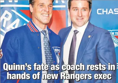  ?? N.Y. Post: Charles Wenzelberg ?? PUTTING EXIT INTO EXIT MEETINGS: With the Rangers having their exit meetings Monday, one can’t but help remember the circumstan­ces that led to the dismissal of coach John Tortorella in 2013 and the possible parallels between then and now for coach David Quinn (left) and president/GM Chris Drury, writes The Post’s Larry Brooks.