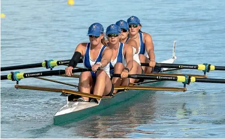  ?? DOUG FIELD/STUFF ?? The Craighead School women’s four competing at the nationalro­wing championsh­ips at Lake Ruataniwha on Saturday. From left Nikita Clemens, Phoebe Trolove, Amy Taggart and Izzy Bartlett.