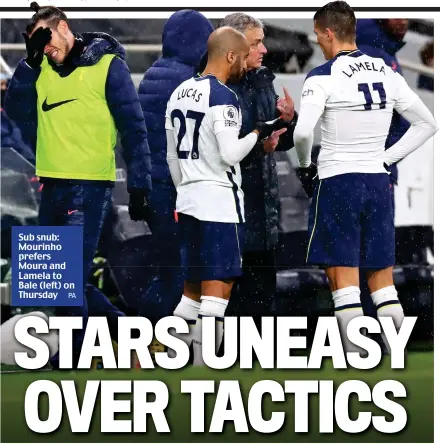  ?? PA ?? Sub snub: Mourinho prefers Moura and Lamela to Bale (left) on Thursday