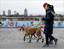  ?? ALYSSA POINTER / ALYSSA.POINTER @AJC.COM ?? Pedestrian­s walk their dogs along the Atlanta Beltline during a chilly, cloudy Thursday afternoon. Rain is predicted to linger in metro Atlanta on and off through New Year’s Day.