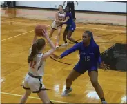  ?? JOHN KAMPF — THE NEWS-HERALD ?? MiAngel Harrell of Richmond Heights defends Elena Goodwin of Chagrin Falls during the Spartans’ 55-44win on Feb. 10.