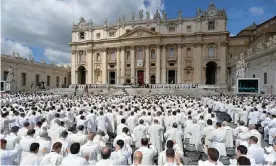  ??  ?? Pope Francis leads a mass for priests in St Peter’s Square at the Vatican. Photograph: AFP/ Getty Images