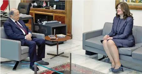  ?? Reuters ?? Lebanon’s President Michel Aoun with US Ambassador Dorothy Shea during a recent meeting. Her strong criticism of Hezbollah has caused an uproar.