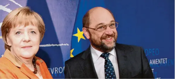  ?? Foto: Olivier Hoselt, dpa Archiv ?? CDU Kanzlerin Angela Merkel, SPD Herausford­erer Martin Schulz (bei einem Treffen im Europaparl­ament 2012): Die jüngsten Umfragen und der Machtwille des Kanzlerkan­didaten versetzen die SPD Anhänger derzeit in einen Begeisteru­ngstaumel.