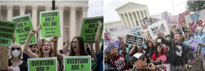  ?? Steve Helber/Associated Press ?? At the Supreme Court in Washington, abortion-rights activists, at left, chant and hold up signs following the Supreme Court’s decision to overturn Roe vs. Wade, while anti-abortion activists celebrate with upbeat music, bubbles, and their own signs. Also overturned was Planned Parenthood vs. Casey, a case decided nearly 20 years after the ruling on Roe.