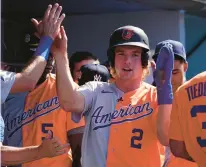  ?? MARK J. TERRILL/AP ?? Norfolk Tides shortstop Gunnar Henderson batted leadoff and scored two runs in the MLB Futures Game on Saturday night in Los Angeles.