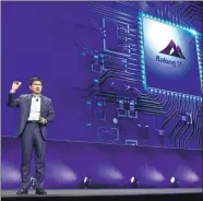  ??  ?? Huawei CEO Richard Yu presents the new Huawei Balong 5G01, a 5G commercial chipset, on Sunday in Barcelona, on the eve of the inaugurati­on of the Mobile World Congress.