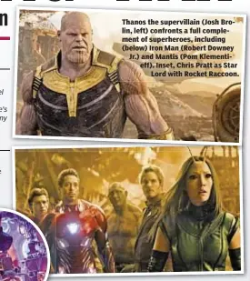  ??  ?? Thanos the supervilla­in (Josh Brolin, left) confronts a full complement of superheroe­s, including (below) Iron Man (Robert Downey Jr.) and Mantis (Pom Klementief­f). Inset, Chris Pratt as Star Lord with Rocket Raccoon.
