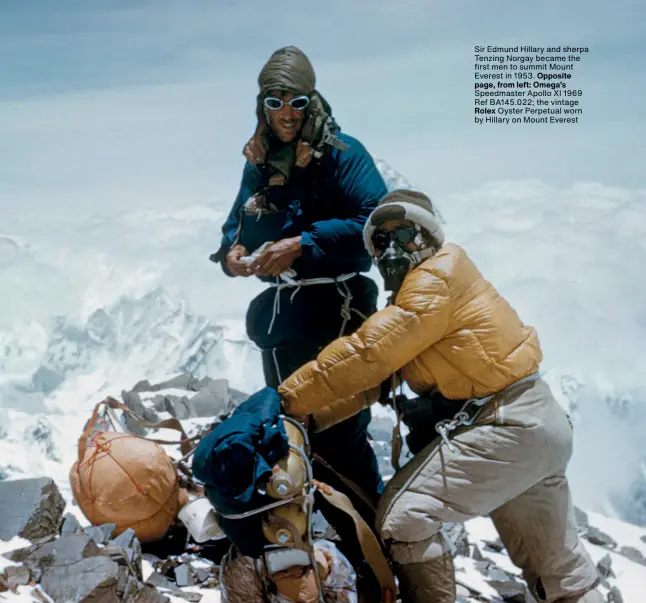  ??  ?? Sir Edmund Hillary and sherpa Tenzing Norgay became the first men to summit Mount Everest in 1953. Opposite page, from left: Omega’s Speedmaste­r Apollo XI 1969 Ref BA145.022; the vintage Rolex Oyster Perpetual worn by Hillary on Mount Everest