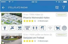  ?? FOTO: PROMOBIL ?? Die Smartphone-App „Promobil“zeigt neben Informatio­nen zu den Stellplätz­en auch Bewertunge­n anderer Nutzer an.