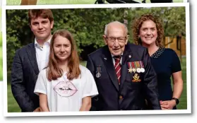  ??  ?? Honour: Captain Tom finishing his final lap. Above with his family and, top, being knighted by the Queen in Windsor