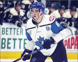  ?? DAVID CROMPTON/Penticton Herald ?? Defenceman Luke Reid patrols the point during the Penticton Vees’ game Wednesday at the SOEC against Langley. Reid and forward Massimo Rizzo will play for one of the three Canadian entries at the World Under-17 Hockey Challenge Nov. 5-11 in Fort St....