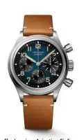  ??  ?? The Longines Avigation BigEye is now available in titanium with a petrol blue dial and natural brown leather strap