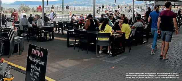  ??  ?? Full outdoor dining tables during Ironman 2021 in Taupo¯ , but Te Waka’s second Waikato Business Sentiment Survey affirmed that hospitalit­y and tourism were still bearing the brunt of Covid-19. CHRIS MARSHALL/STUFF