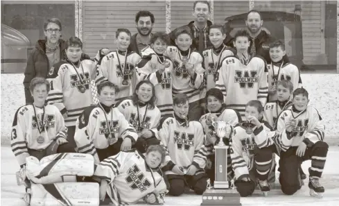  ?? Submitted ?? The U13 Woolwich Wildcats LL2 defeated the Centre Wellington Fusion 1 Team 5-4 in the playoff finals held Mar. 27. Front: Timothy Callaghan. Middle row: Gabriel Callaghan, Ryan Ramage, Noah Johnston, Andrew Diebolt, Nicolas Shantz-Schlegel, Owen Dally, James Ferguson, Max Staines. Third row: Grayson Kelly, Nolan Beaty, Ezekiel Schwartz, Wade Holland, Tyler Bauman, Ryder Bauman, Zev Silverberg. Coaches: Mike Callaghan, Domenic Silvestro, Nathan Holland, Andrew Bauman.