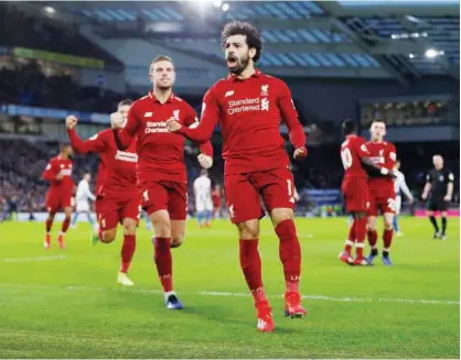  ?? Reuters ?? Liverpool’s Mohamed Salah celebrates after scoring a goal against Brighton during their English Premier League match on Saturday.