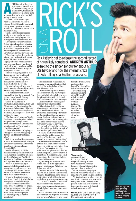  ??  ?? Rick’s new album Rick Astley says he is enjoying making music again after years of being ‘happily invisible’