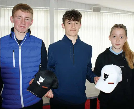  ??  ?? Junior Captain Beth Tweedale and Junior Vice Captain Matthew Crawford being presented with their badges from the outgoing Captain Ewan Carroll.