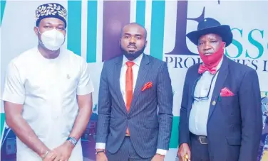  ??  ?? (L-R) The Speaker, Anambra State House of Assembly , Rt. Hon. Uchenna Okafor, MD/CEO, Esso Properties Limited, Mr. Smith Sosochukwu­ma Ezenagu and Comrade Nweke Oliver at the launching of Berry Prime Estate, Agu-awka and Sunray Estate, Amansea Awka, Anambra state on Saturday, February 13, 2021at Parktonian Hotel, Awka ,Anambra State.