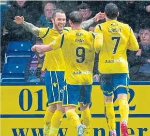  ?? Pictures: PPA/SNS. ?? Stevie May, top, with former St Johnstone manager Tommy Wright after returning to McDiarmid Park last August; May celebrates scoring against Ross County in February.