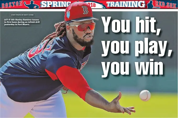  ?? STAFF PHOTO BY MATT STONE ?? LET IT GO: Hanley Ramirez tosses to first base during an infield drill yesterday in Fort Myers.