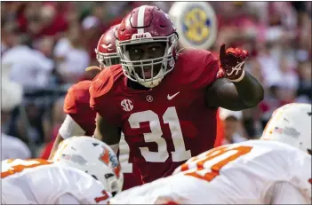  ?? ASSOCIATED PRESS FILE PHOTO ?? Alabama linebacker Will Anderson Jr. (31) lines up against Mercer during the first half of a Sept. 11game in Tuscaloosa, Ala.