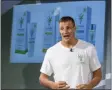  ?? COREY SIPKIN - THE ASSOCIATED PRESS ?? Former New England Patriots tight end Rob Gronkowski holds a news conference announcing his advocacy for CBD and becoming an investor in Abacus Health Products, the maker of CBDMEDIC, Tuesday, Aug. 27, 2019, in New York.
