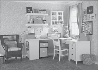  ?? Better Homes & Gardens/AP ?? Decor: This photo provided by Better Homes &amp; Gardens shows a workspace setup in a bedroom. It's perfectly fine to use your child's room when they're away at school. If you're using a desk, be sure to safely store your child's belongings while you're using the workspace.