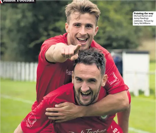  ??  ?? Pointing the way Michael Barton and Jonny Rawlings celebrate. Picture by Gerry Mcwilliams