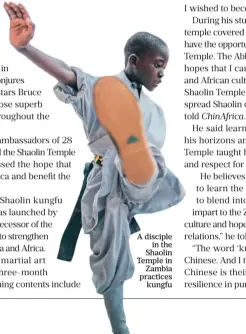  ?? ?? A disciple in the Shaolin Temple in Zambia practices kungfu