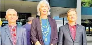  ?? ?? Chairman of Ukrainian Associatio­n of New Zealand (North), Yuriy Gladun, Hamilton Mayor Paula Southgate and special trust adviser Roman Kashpir at the flag-raising ceremony.