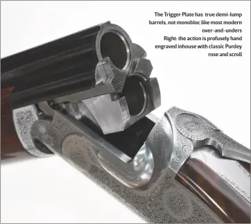  ??  ?? The action is rounded towards the knuckle and hammers pleasingly shaped
The Trigger Plate has true demi-lump barrels, not monobloc like most modern
over-and-unders Right: the action is profusely hand engraved inhouse with classic Purdey
rose and...