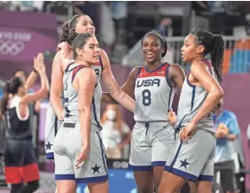  ?? ANDREW NELLES/USA TODAY SPORTS ?? Team USA reacts after beating Russia in the gold-medal 3-on-3 basketball final on Wednesday at Aomi Urban Sports Park.