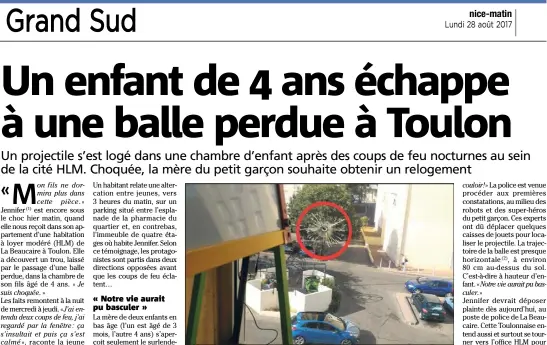  ?? (DR) ?? La balle a traversé la vitre d’une fenêtre de la chambre, laissant sur son passage un trou d’un diamètre supérieur à , cm. L’immeuble se trouve en contrebas de la position du tireur.