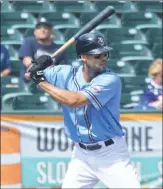  ?? PHOTO BY BERT HINDMAN ?? Blue Crabs center fielder Cory Vaughn finished with three hits, five RBIs and two runs scored on Wednesday night as Southern Maryland split a doublehead­er in Lancaster, winning Game 1 5-3 in eight innings and falling 5-4 in walk-off fashion in the Game...