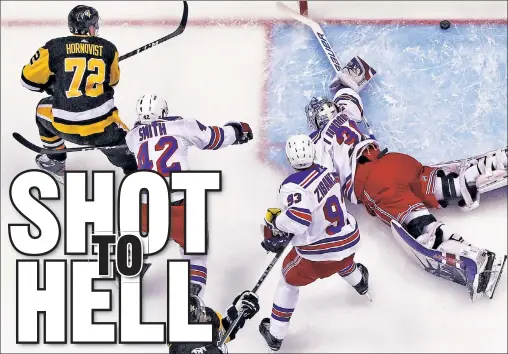  ?? AP ?? Patric Hornqvist scores a first-period goal against Henrik Lundqvist on Sunday in Pittsburgh. Lundqvist stopped 42-of-46 shots, the sixth time since Dec. 5 the Rangers have given up 40-plus shots in a game. The Rangers have lost three games in a row.