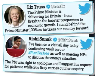  ?? ?? Spot the difference: Tweets from Liz Truss and Rishi Sunak