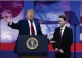  ?? JOSE LUIS MAGANA — THE ASSOCIATED PRESS ?? At the Conservati­ve Political Action Conference, CPAC 2019, in Oxon Hill, Md., President Donald Trump invites to the podium Hayden Williams, a field representa­tive of the Leadership Institute, who was assaulted at Berkeley campus.