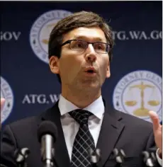  ??  ?? Washington state Attorney General Bob Ferguson speaks at a news conference in Seattle on Nov. 28, 2017. AP FIle PhoTo/elAIne ThomPson